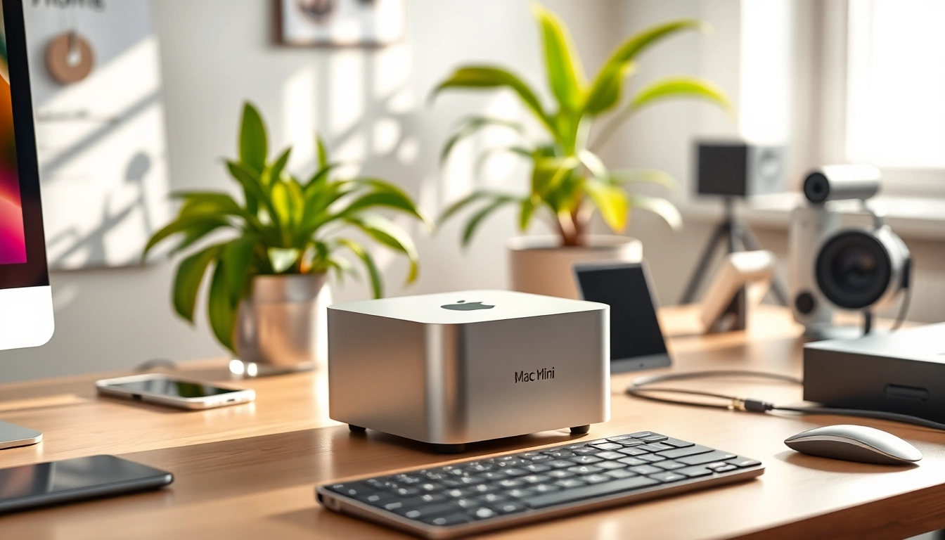 Visualiza el Mac Mini M2 en un entorno de trabajo moderno, resaltando su diseño elegante y funcionalidad.