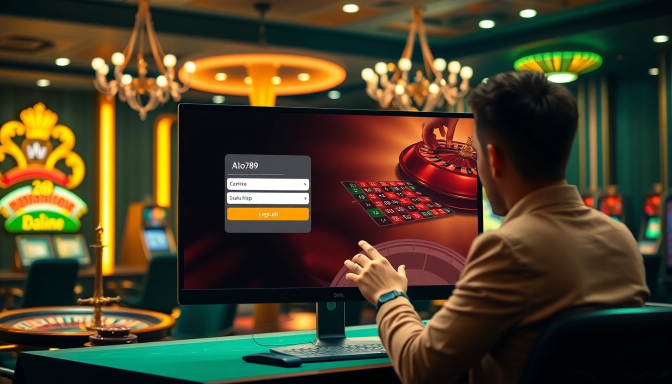 Alo789 đăng nhập screen with vibrant casino elements showcasing poker, roulette, and slot machines.