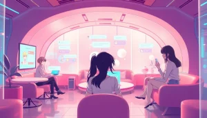 Engage in hentai ai chat with animated characters in a futuristic lounge.