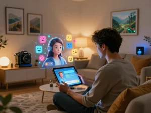 Engaged user with crush on AI character in a modern digital landscape, showcasing smart home technology and vibrant emotions.
