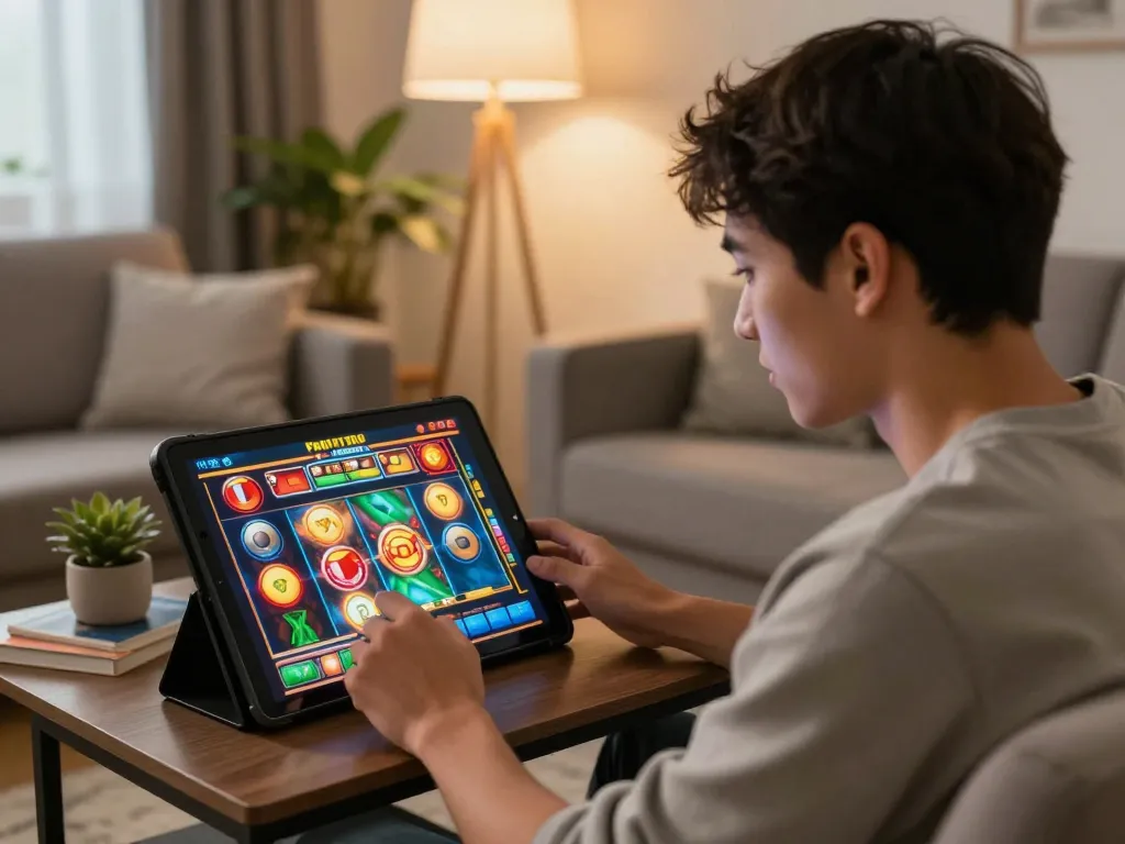 Engage with exciting gameplay at trang chủ F168 featuring colorful slot games on a tablet in a cozy setting.
