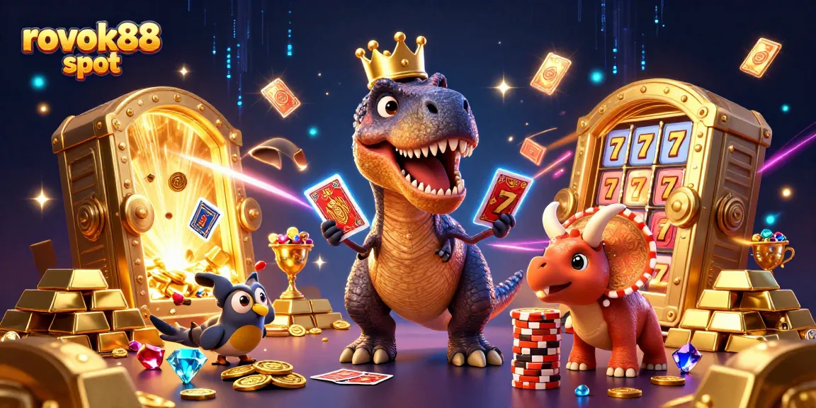 Engage in rokok88 slot excitement with a friendly T-Rex shuffling cards amidst gold treasures.