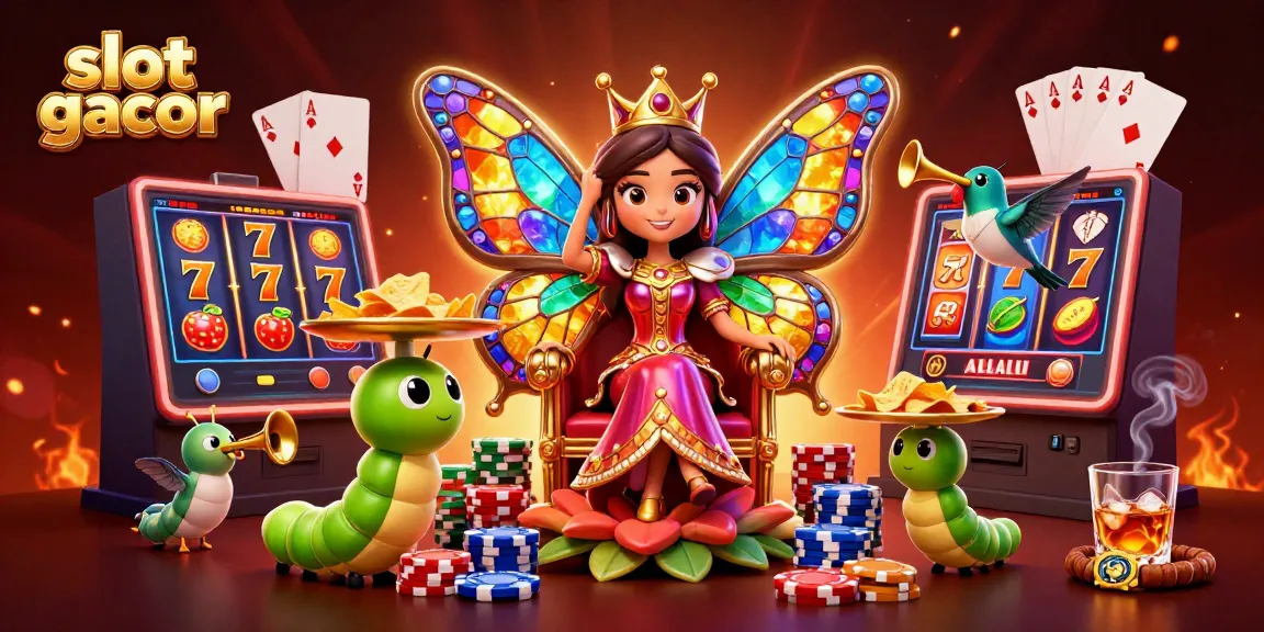 Engage with slot gacor in a vibrant scene featuring a butterfly queen and slot machines.