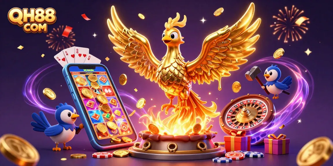 Experience QH88 COM's vibrant gambling universe with a molten gold phoenix amidst casino elements.