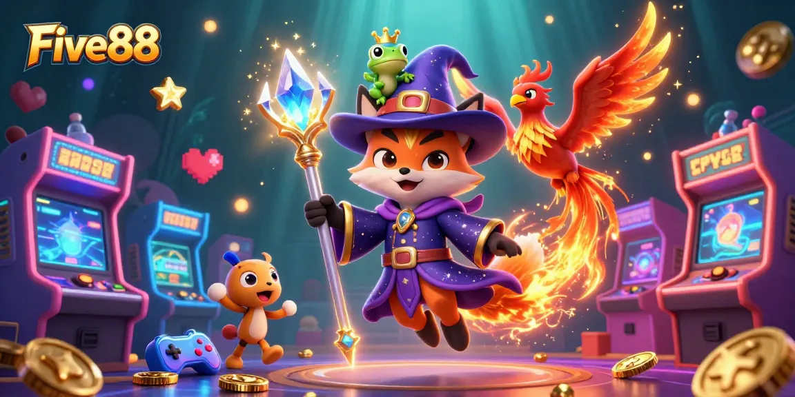 Experience thrilling wins at Five88 with a vibrant 3D casino illustration highlighting engaging game elements.