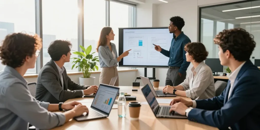 Team discussing small business IT support strategies in a modern office.