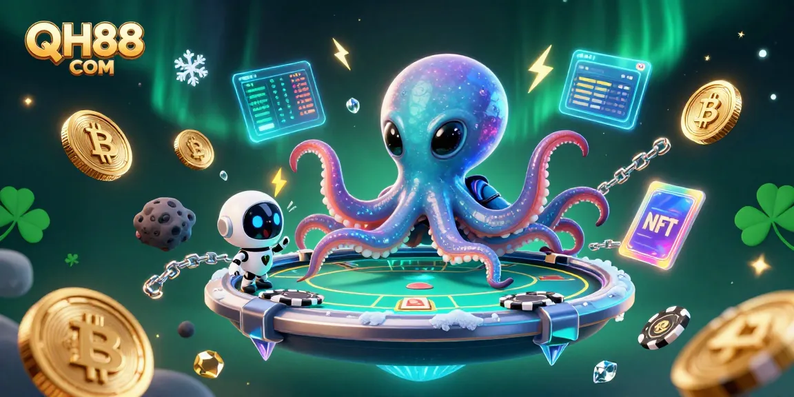 Engage in gaming excitement with QH88 COM as an alien octopus hosts a holographic poker game.