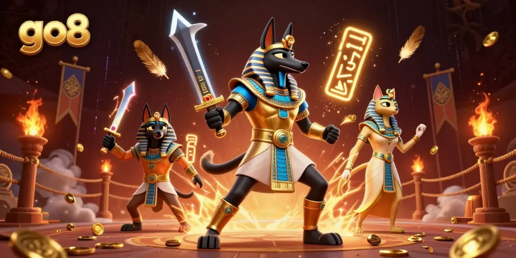 Experience thrilling gameplay at go8 with Anubis and Bastet amid glowing hieroglyphs and vibrant casino elements.
