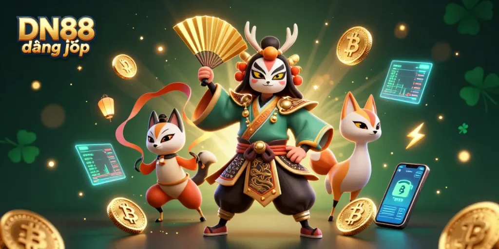 Join the thrill of gaming at DN88 đăng nhập, featuring 3D kabuki warrior and crypto elements in a vibrant scene.