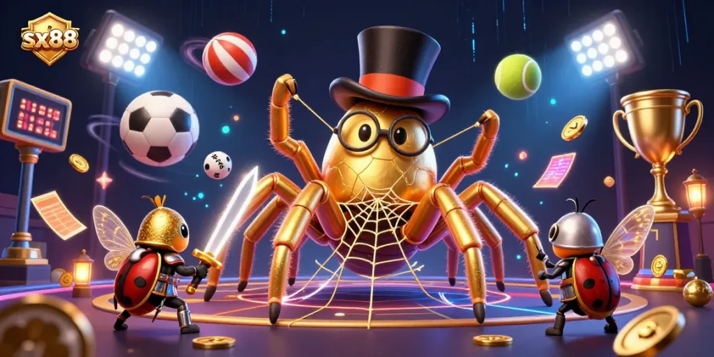 SX88 illustrates dynamic casino action with a golden tarantula and beetle knight amidst sports thrills.