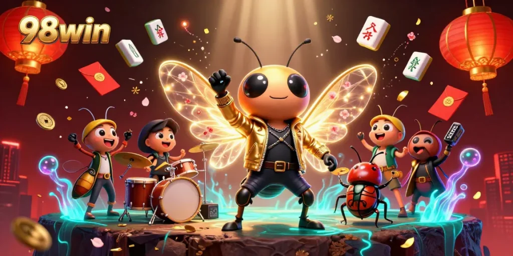 Win big with 98win's vibrant casino excitement featuring colorful game elements and dynamic characters.