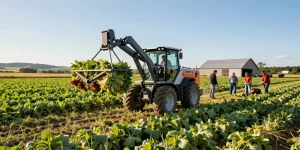 Electric farm loader operating in a lush field, showcasing modern agricultural efficiency.