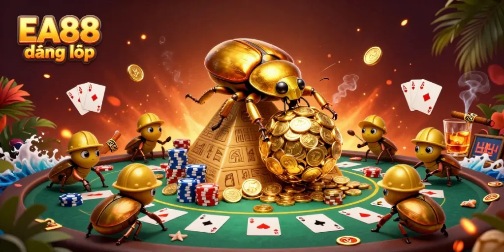 Experience EA88 đăng nhập through dynamic gambling adventures with golden coins and vibrant poker elements.