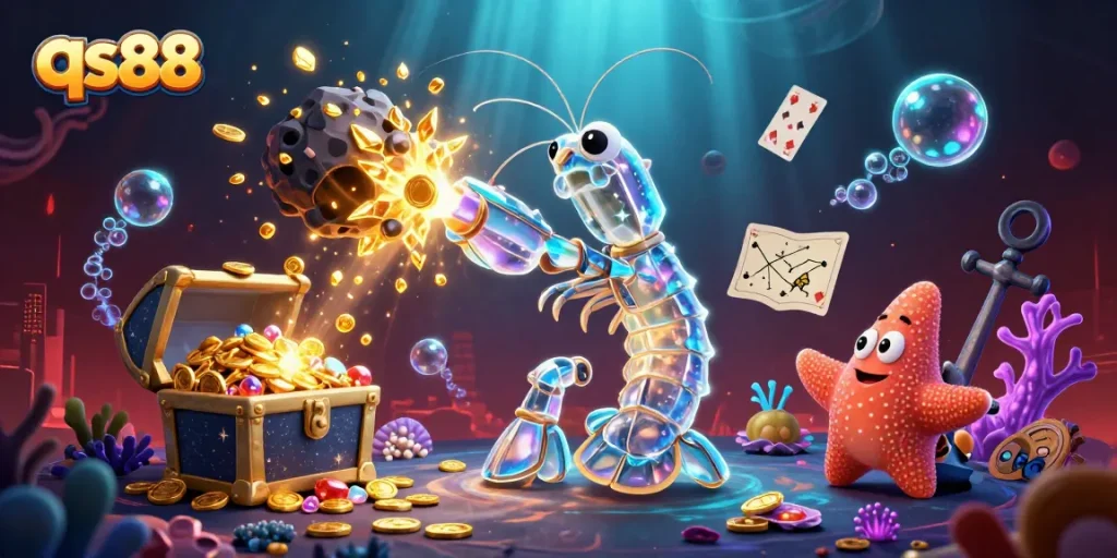 Immerse in the thrilling world of qs88 with a vibrant scene showcasing an adventurous mantis shrimp and starfish amid dynamic rewards.
