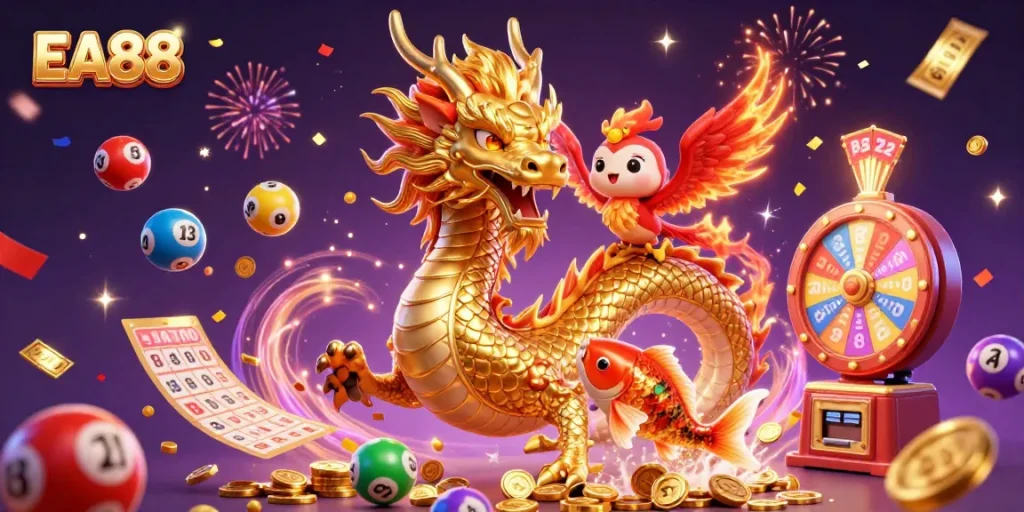 Win big at EA88 with vibrant characters and dynamic gambling elements in this exciting illustration.