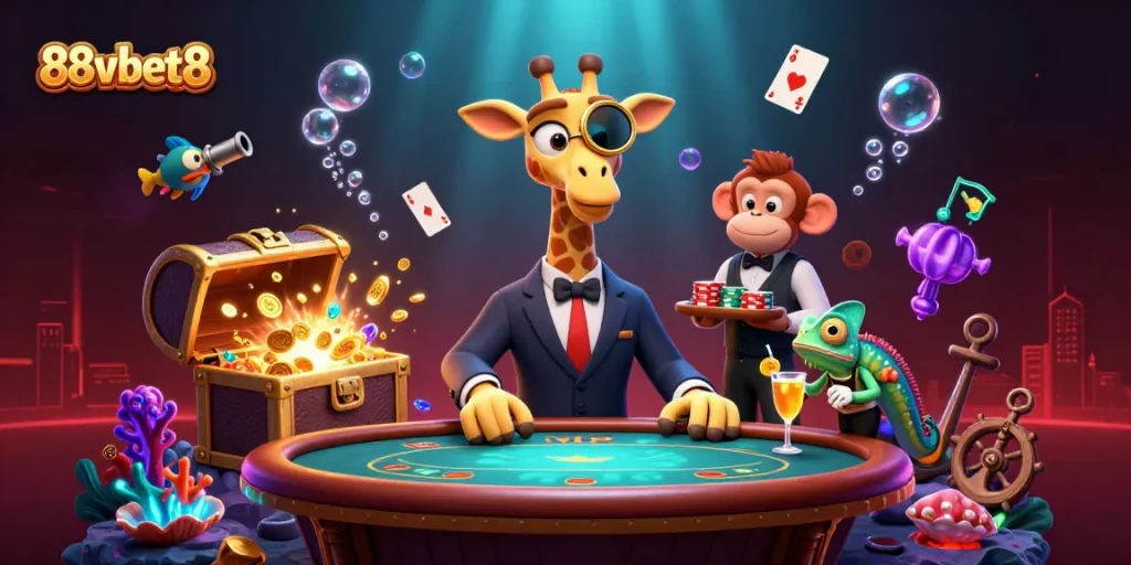 Join the high-roller giraffe at 88vbet8, enjoying a dynamic poker game surrounded by exciting casino elements.