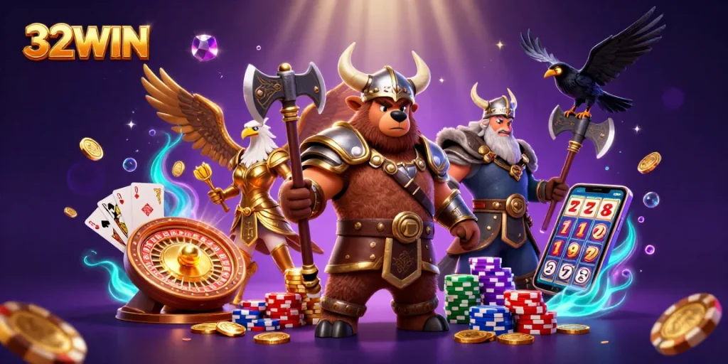 Engage in thrilling action with 32WIN gaming elements represented by a vivid 3D illustration.