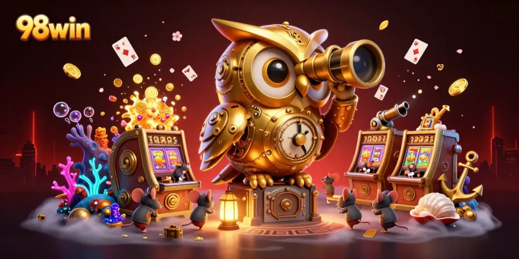 Experience thrilling gameplay at 98win with a lively 3D casino scene featuring unique characters.